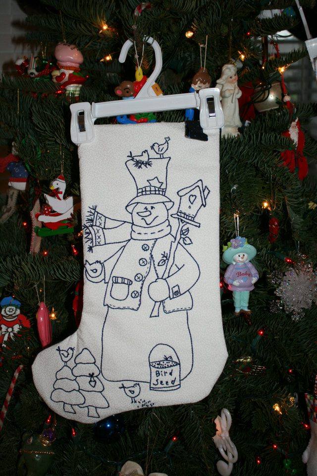 Hand Embroidered Woodland Snowman Christmas Stocking